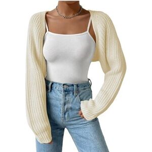 Women Crop Cardigan Sweater Y2k Long Sleeve Open Front Bolero Shrug beige NWOT